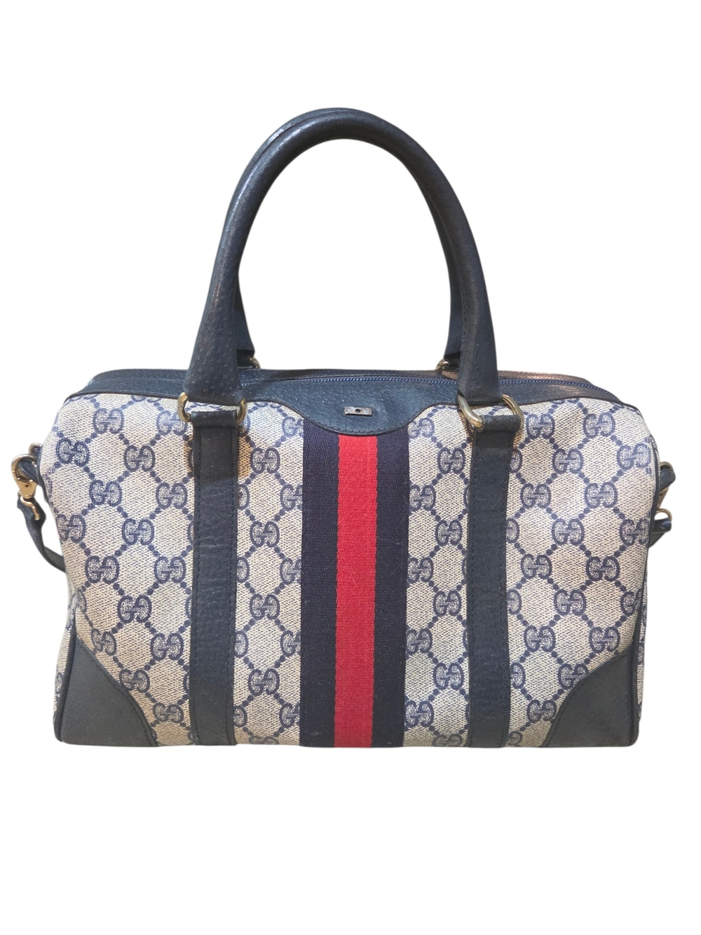 Authentic Vintage Gucci Accessory Collection GG Supreme Web Stripe Boston Bag